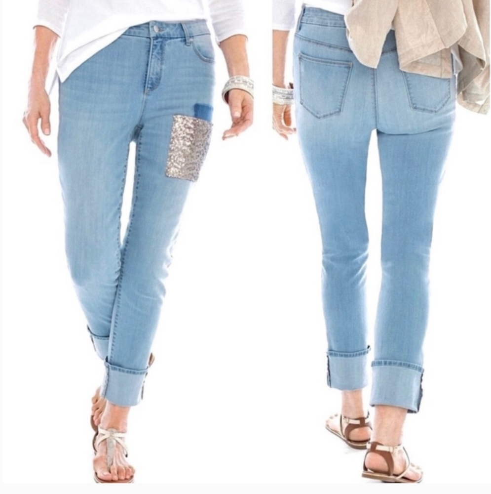 Chicos So Slimming Girlfriend Ankle Light Blue Patchwork Jeans